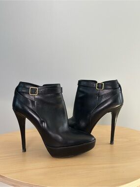 Burberry Black Leather High-Heel Ankle Booties with Buckle
